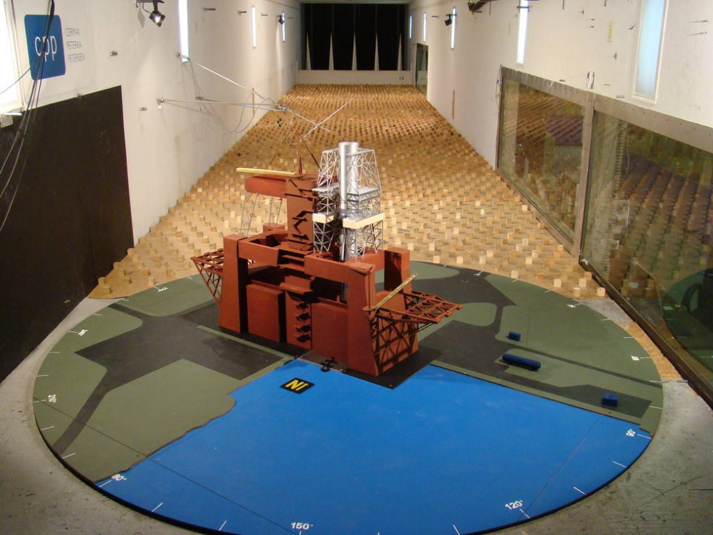 A 1:100 (31-inch) scale model of the NASA Space Launch System core stage B-2 test stand successfully wind tunnel tested in one of CPP's Fort Collins, CO wind tunnels. 