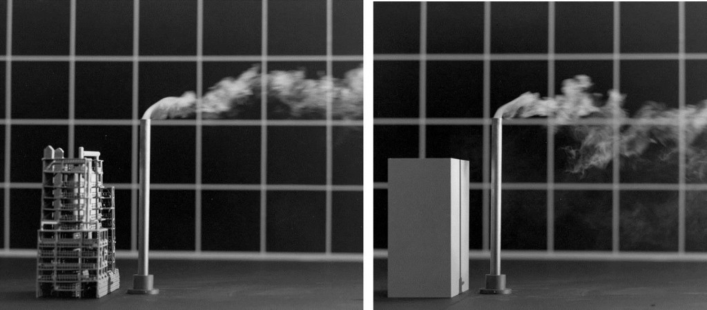 Figure 2: A physical modeling example of how BPIP’s dimensions fail to accurately simulate the downwash effect of a porous structure. Note how the exhaust plume is directed toward the ground in the wake of the solid structure.