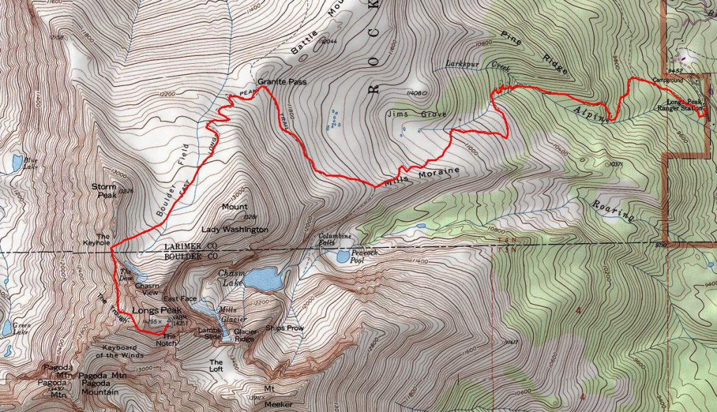 The route up Longs Peak circles around the mountain to find the least technical ascent.